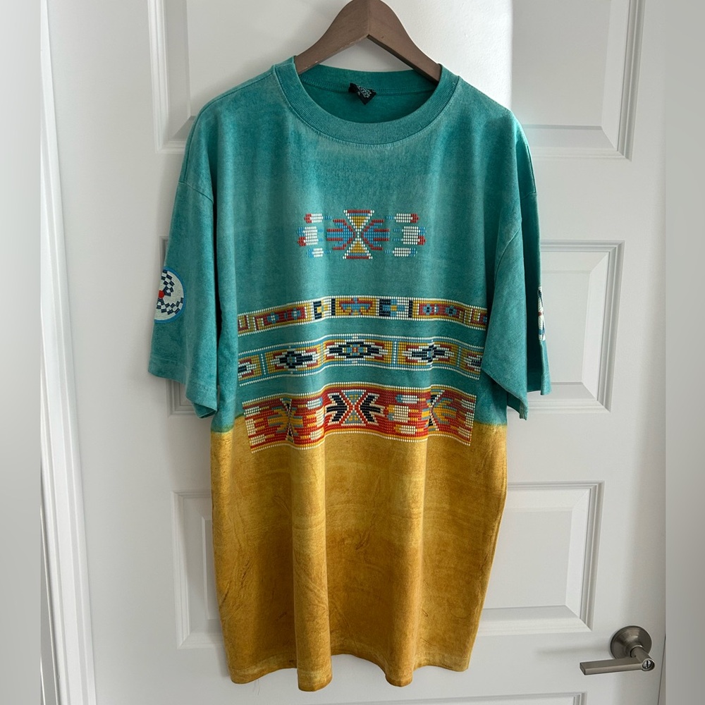Vintage Factory Artwear Aztec Western T Shirt Blue Yellow Size XL